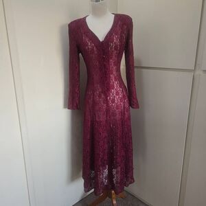 Vtg 80s All That Jazz Cranberry Lace Overlay Dress, Shoulder Pads, NWOT,M